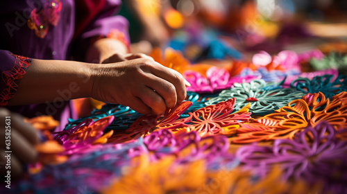 A close-up of hands creating intricate papel picado (decorative paper banners) for Day of the Dead celebrations, Dia de Muertos Generative AI