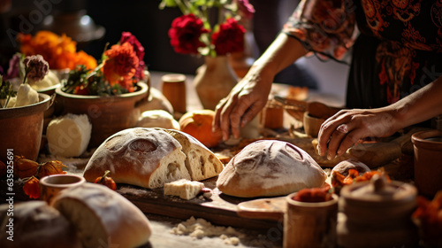 An image of people preparing traditional pan de muerto (bread of the dead) for offerings on altars, Day of the Dead, Dia de Muertos Generative AI