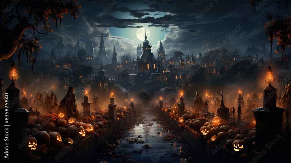 An image capturing the essence of a candlelit graveyard, where families gather to remember and honor their loved ones, Day of the Dead, Dia de Muertos Generative AI An image capturing the essence of a candlelit graveyard, where families gather to remember and honor their loved ones, Day of the Dead, Dia de Muertos Generative AI