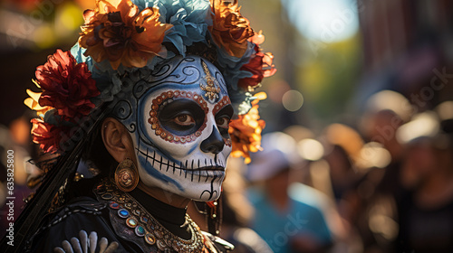 A view of a lively street parade featuring elaborate costumes, music, and dance to celebrate Day of the Dead, Dia de Muertos Generative AI © Denis Yevtekhov