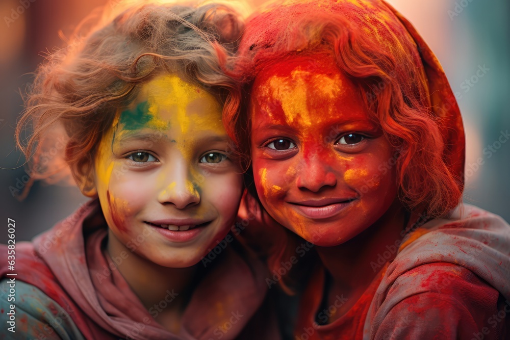 Children with bright colored faces, standing together and smiling. A fictional character Created By Generated AI. Children with bright colored faces, standing together and smiling. A fictional character Created By Generated AI.