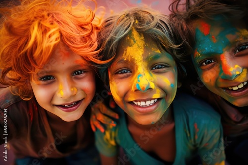 Three Children Smiling and Having Fun with Paint on Their Faces. A fictional character Created By Generated AI. © shelbys