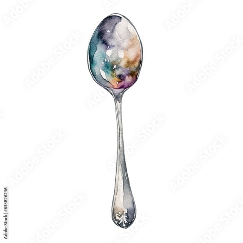 silver teaspoon isolated on white background Watercolor illustration © Iryna