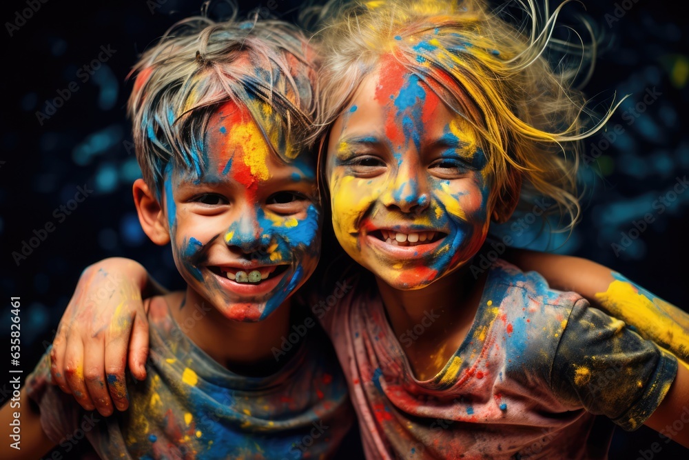Two children with paint-splattered faces and arms, smiling and hugging each other. A fictional character Created By Generated AI.