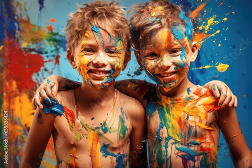 Two Young Children Enjoying a Paint-Fight. A fictional character Created By Generated AI. © shelbys