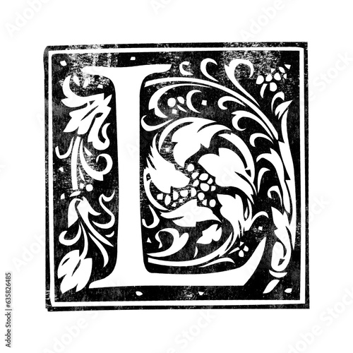 Cuadro en lienzo Letter ‘L’ vintage initial drop cap stamp with distressed texture isolated on tr