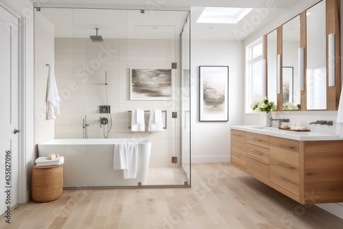 Spacious bathroom with a freestanding tub and glass shower  featuring wooden cabinets and white tile.