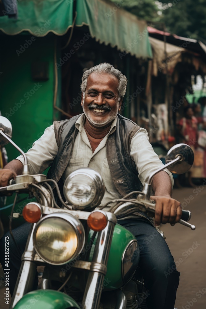 An Old Man Riding a Motorcycle and Smiling. A fictional character Created By Generated AI.