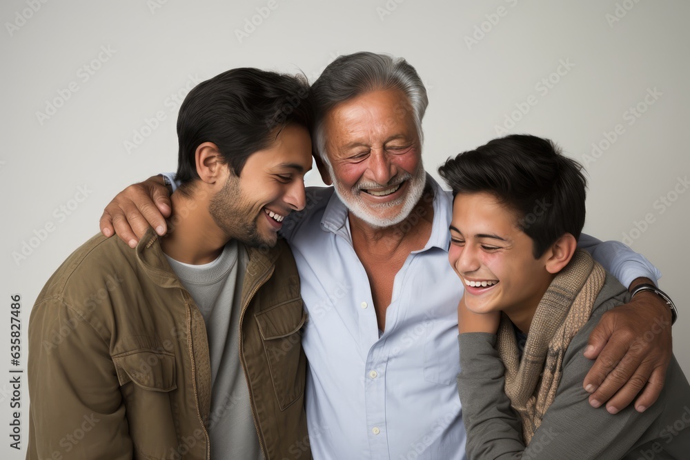 Fototapeta premium Three Generations of Smiling Men. A fictional character Created By Generated AI.