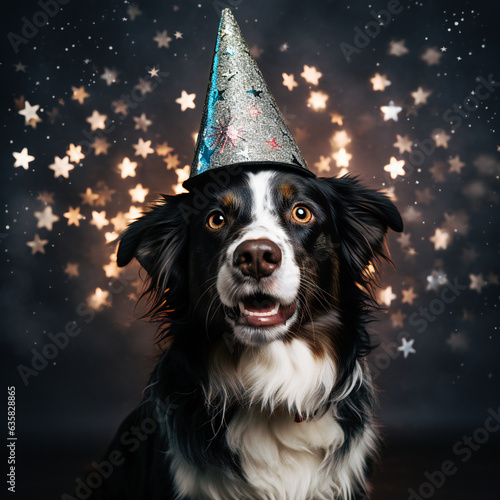black dog in a new years hat on sparkling background. Surreal winter or Christmas holidays concept. Illustration.