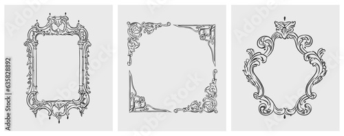 Hand drawn vector abstract outline,graphic,line art vintage baroque ornament floral frames set in minimalistic modern style.Baroque floral vintage outline design concept.Vector antique frame isolated.
