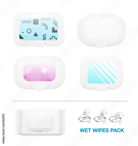 Wet wipe pack mockup. Wet wipes labels with examples. Vector illustration isolated on white background. Сan be used for cosmetic, medical, sanitary and other needs. EPS10.