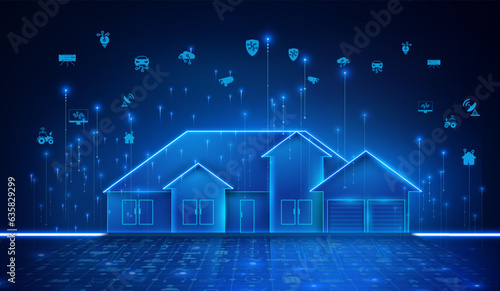 Smart home technology. Building IOT banner. Concept of System intelligent control house on blue neon background. Vector illustration