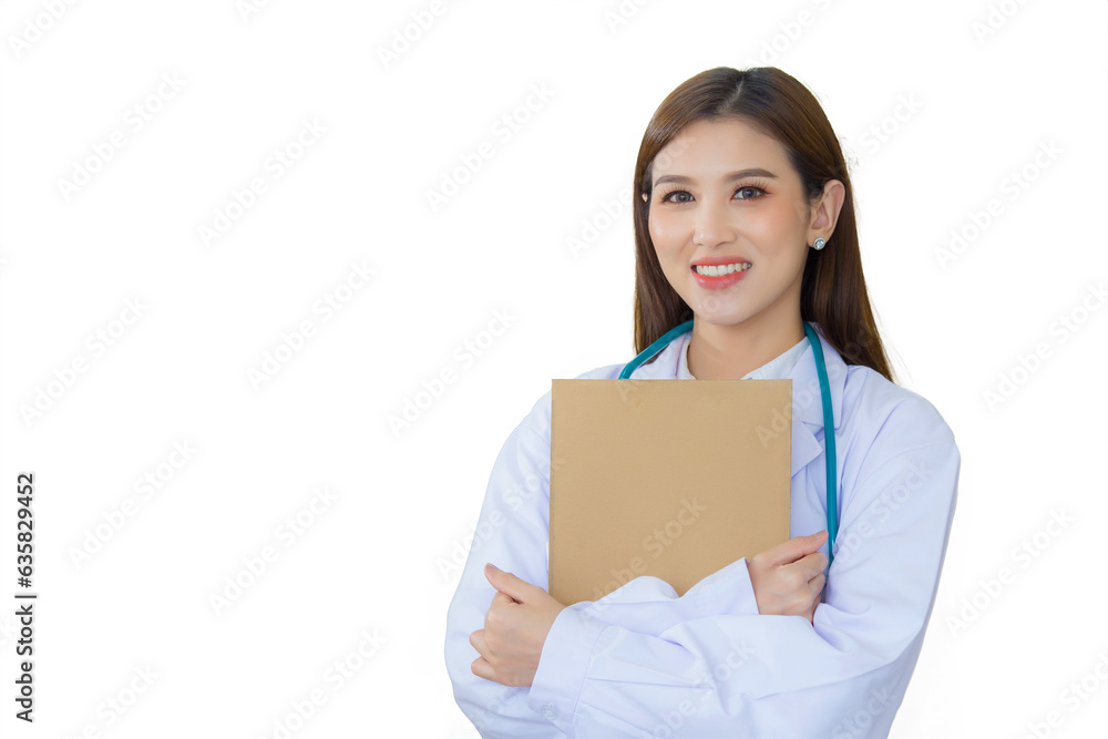Professional young Asian woman doctor standing with arms crossed happy and smile in hospital wearing white robe and stethoscope while isolated on white background. Professional young Asian woman doctor standing with arms crossed happy and smile in hospital wearing white robe and stethoscope while isolated on white background.