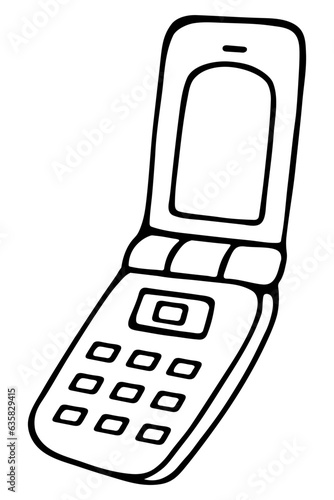 Clamshell smartphone. Sketch. Button cell phone. Vector illustration. Doodle style. Outline on isolated background. Coloring book for children. An outdated communication model. Idea for web design.