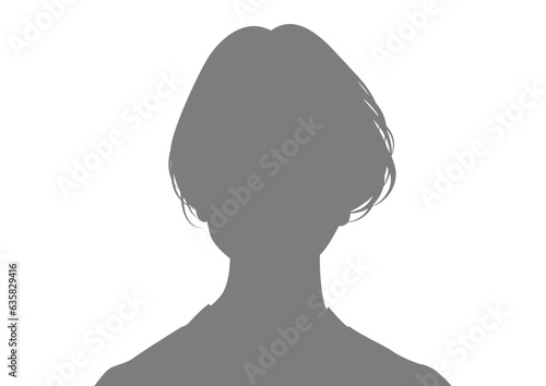 証明写真風の女性シルエットイラスト（正面・グレー・白背景）