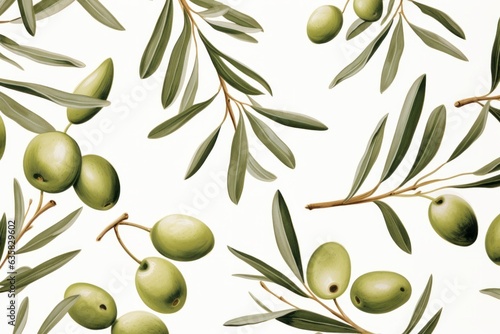 Olive seed and olive leaves pattern on white background