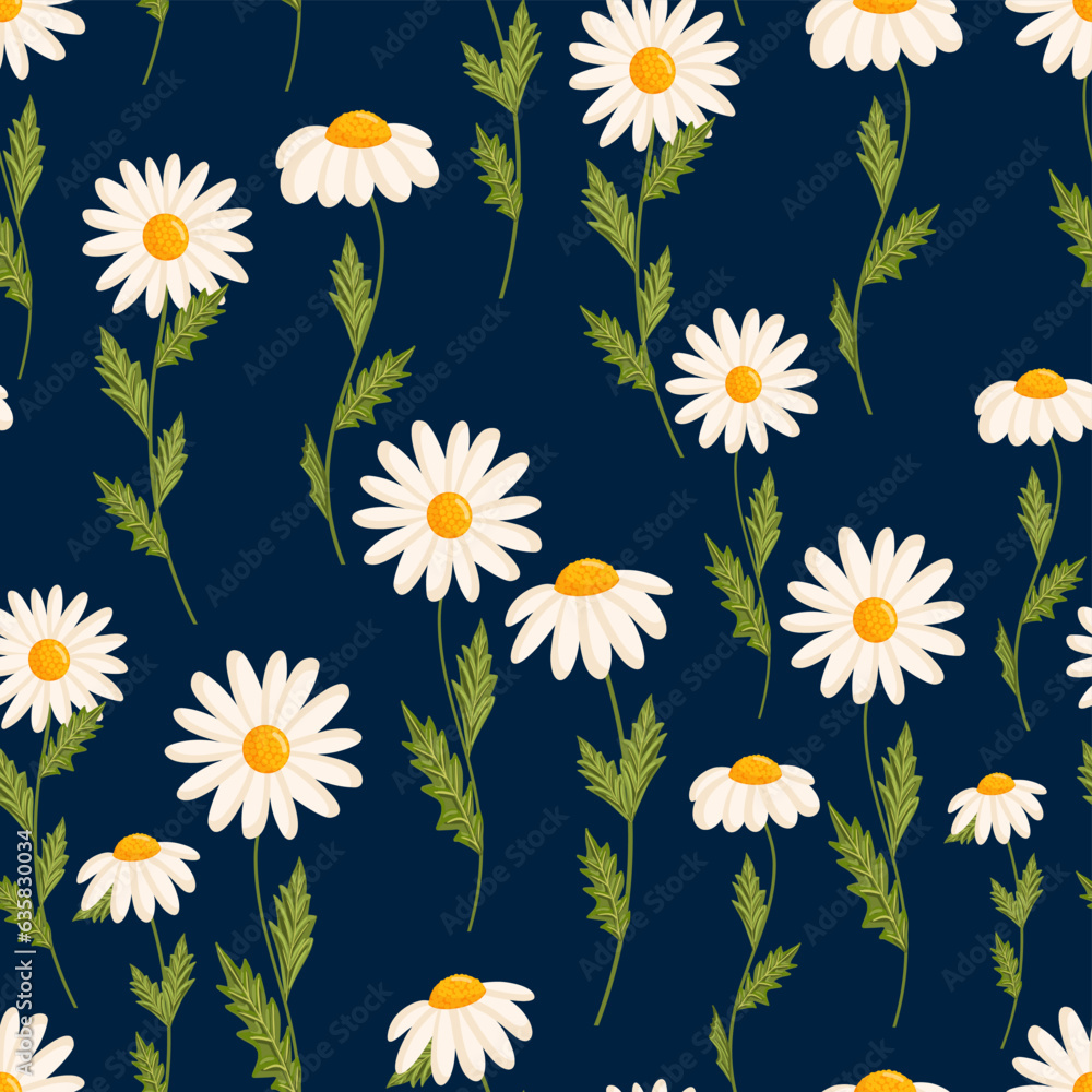 Obraz premium Seamless pattern with blooming daisies. Chamomile vector floral illustration for postcard, poster, fabric, wrapping paper, decor etc. Flowers for spring and summer holidays.