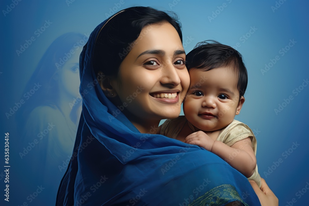An Indian woman wearing a blue shawl, holding a baby close to her.. A fictional character Created By Generated AI. An Indian woman wearing a blue shawl, holding a baby close to her.. A fictional character Created By Generated AI.