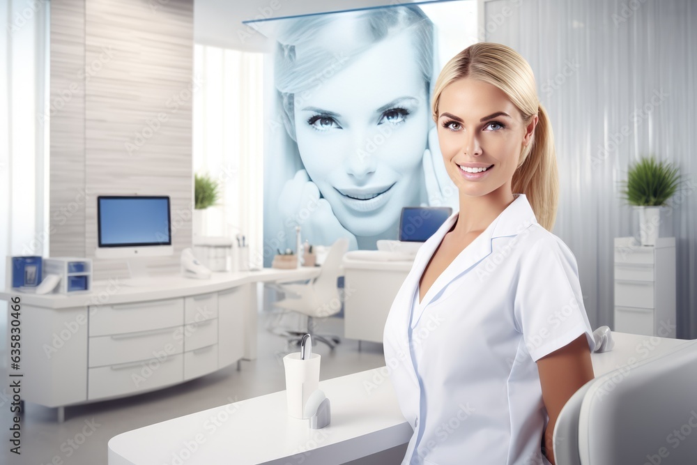 Fototapeta premium Advertisement featuring a professional paramedical cosmetologist in a modern, clean, and welcoming clinical setting.