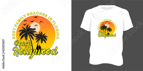 Hollywood beach summer for t-shirt print design with typography. Line Art Style, surf tee with tropical palm tree silhouette graphic label, perfect for ocean vacation fashion. Vector illustration.