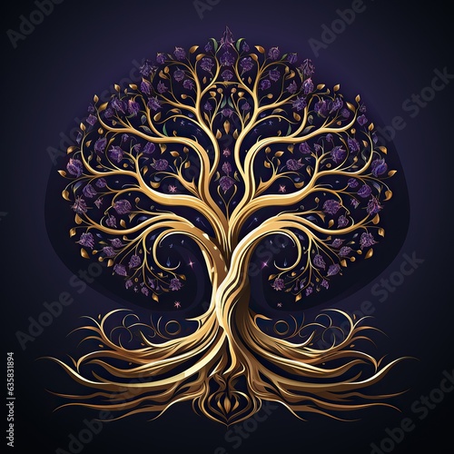 arbre de vie de couleur or avec un fond sombre - ia générative - ia