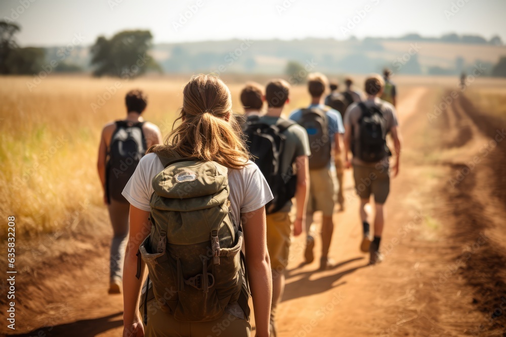 Lively group of hikers walking down a dirt road together. A fictional character Created By Generated AI. Lively group of hikers walking down a dirt road together. A fictional character Created By Generated AI.