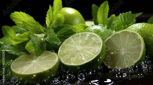 Closeup of a ingredients, lime, sugar, mint leaves sprint high res photo, ultra photo realistic, cinematic