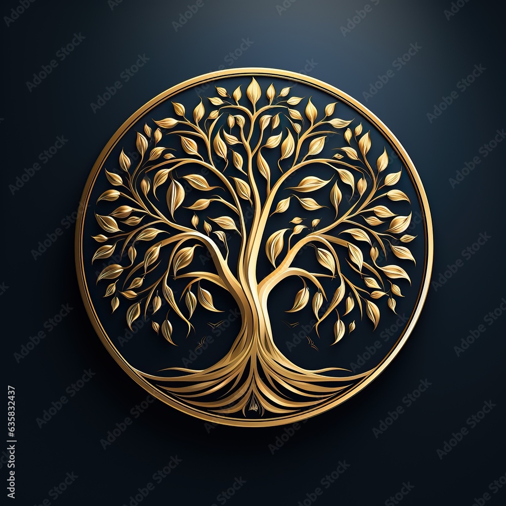 arbre de vie de couleur or avec un fond sombre - ia générative - ia