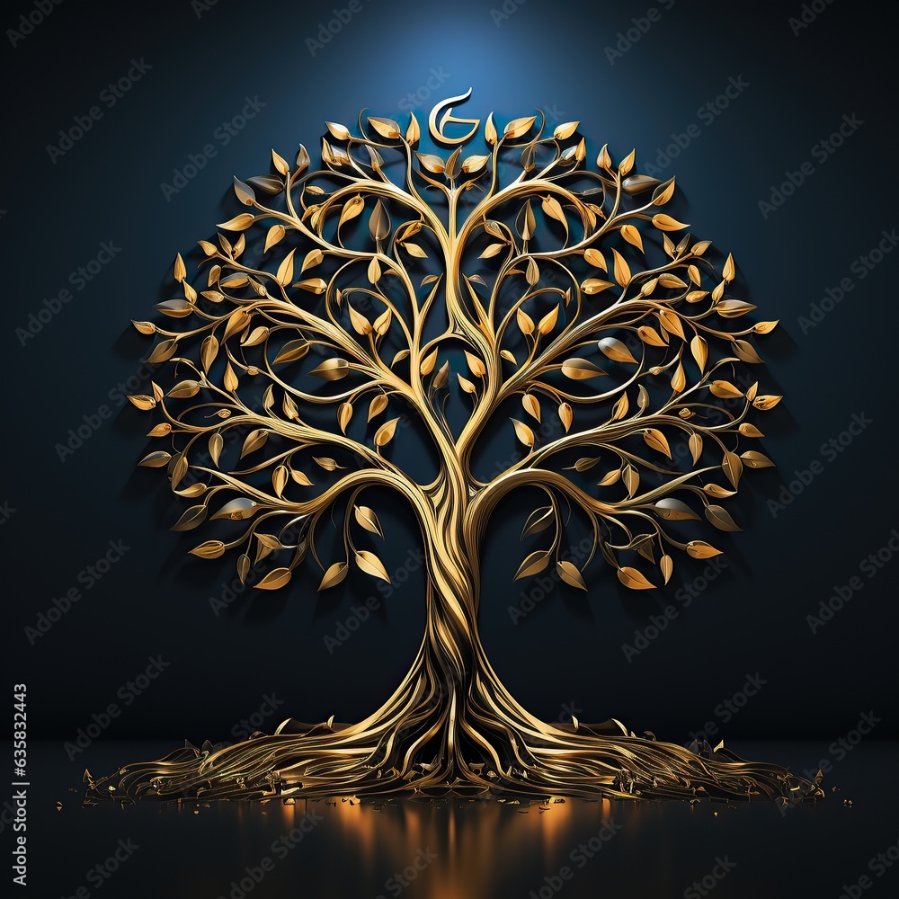 arbre de vie de couleur or avec un fond sombre - ia générative - ia