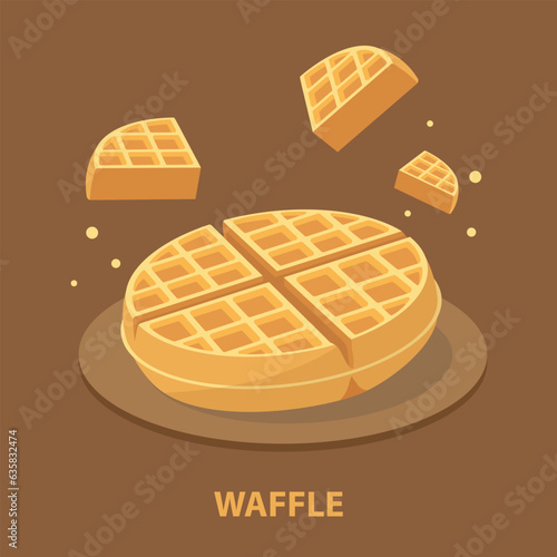 Whole and sliced waffle on the podium and text isolated on chocolate background vector illustration.t