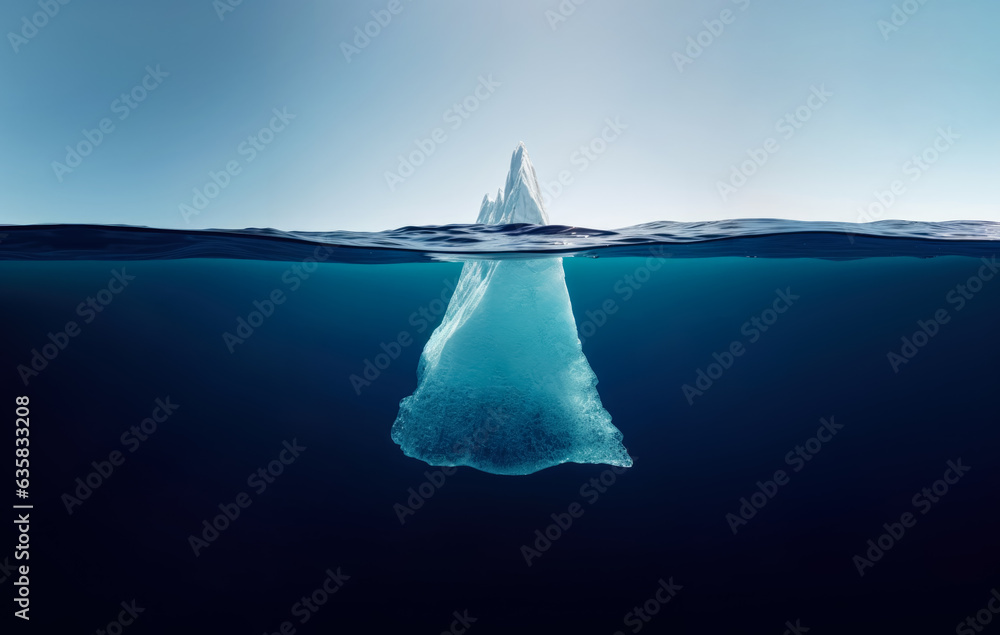 Iceberg floating on dark sea, large part visible underwater, smaller tip above surface. Generative AI - obrazy, fototapety, plakaty 