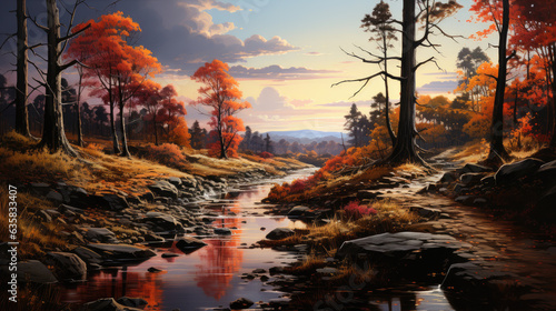 Generative ai illustration of forest trail in autumn © pbombaert