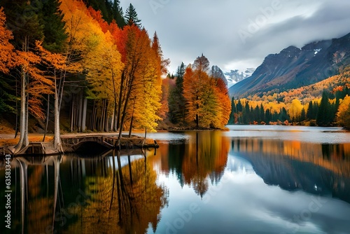 A tranquil lake surrounded by autumn  generated by AI tool © Nazia