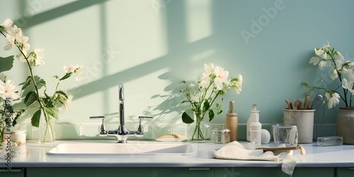 AI Generated. AI Generative. White modern minimal white luxury sink bathroom kitchen with mirror and plant flower. Graphic Art