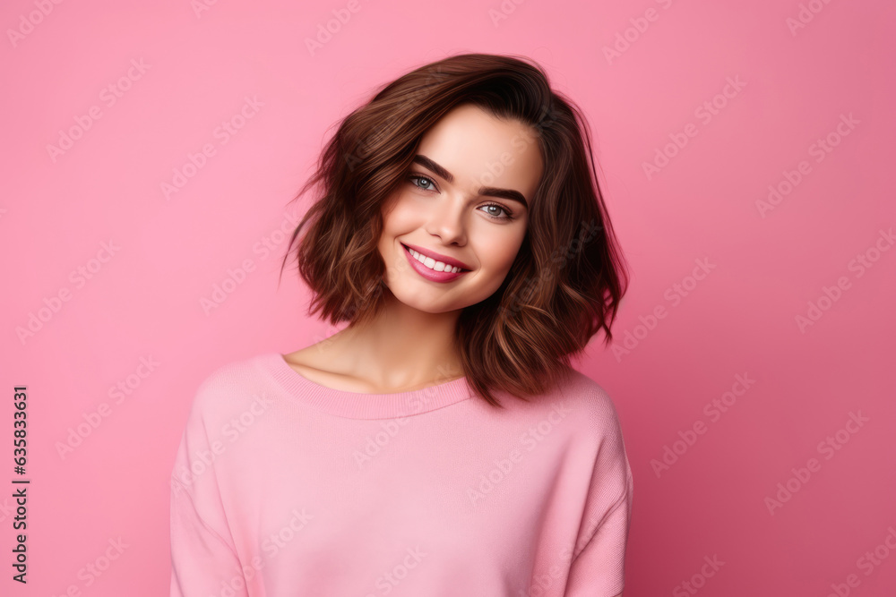 A Woman In A Pink Sweater Smiling At The Camera A Woman In A Pink Sweater Smiling At The Camera