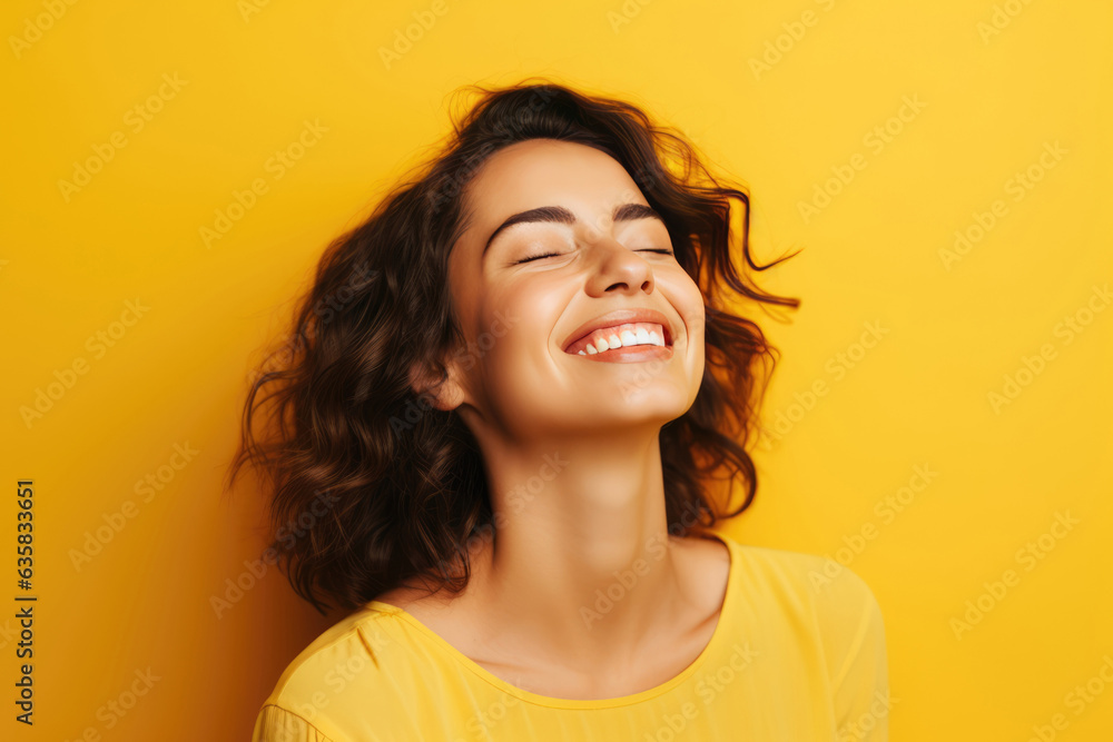 Beautiful Young Happy European Woman On Yellow Background Beautiful Young Happy European Woman On Yellow Background