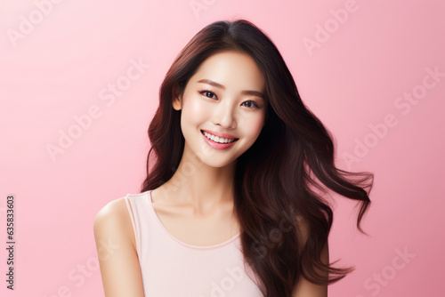 Beautiful Young Happy Chinese Woman On Pink Background