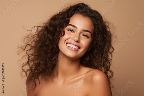 Beautiful Young Happy European Woman On Beige Background