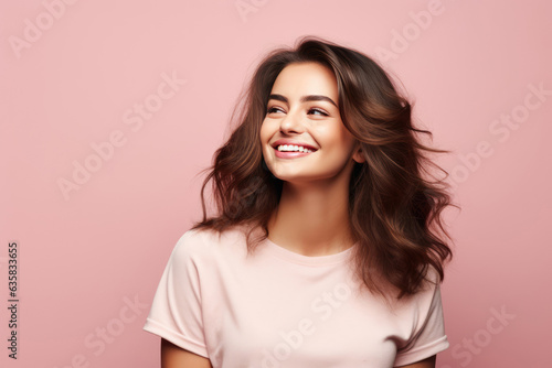 Beautiful Young Happy European Woman On Pink Background