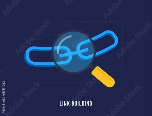 Link Building SEO concept. Backlink digital marketing strategy for increase website traffic and domain trust. Link building vector isolated illustration on black background with icons