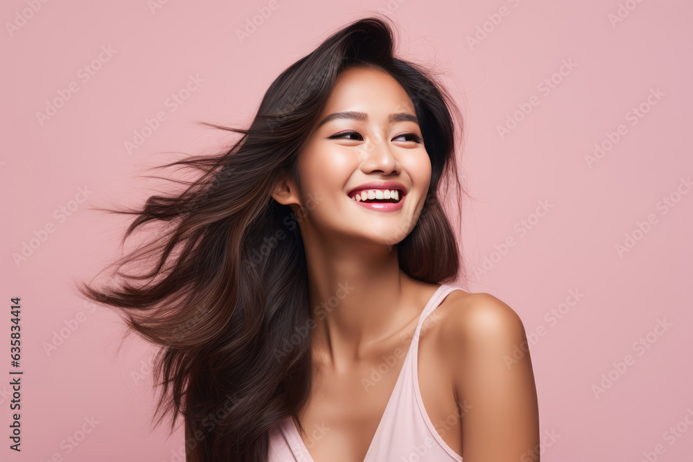 Beautiful Young Happy Thai Woman On Pink Background Beautiful Young Happy Thai Woman On Pink Background