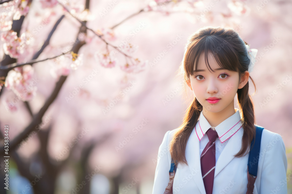 A Girl In A School Uniform Standing In Front Of A Cherry Blossom Tree A Girl In A School Uniform Standing In Front Of A Cherry Blossom Tree