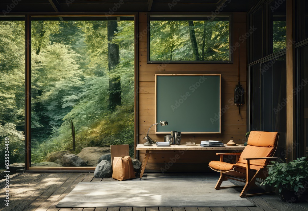 Fototapeta premium Outdoor office in the forest with mock up poster frame. Stylish composition of home garden interior filled a lot of beautiful plants.Office gardening concept Home jungle.
