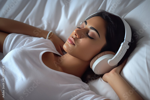 Beautiful Young Indian Woman Sleeping On White Sheets Wearing Headphones