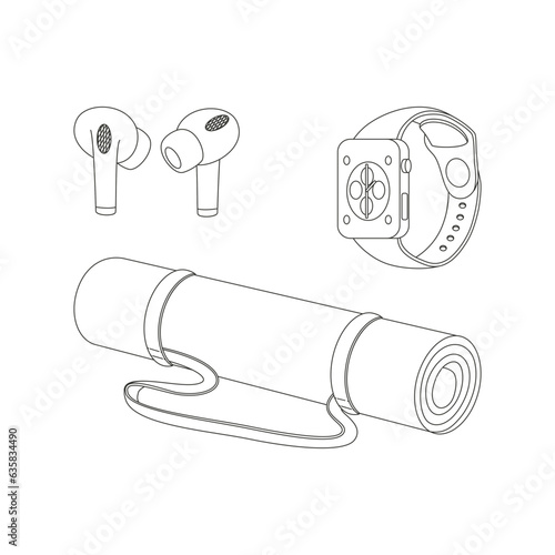 A mat, headphone, fitness watch. Sport equipment. Fitness inventory. Flat vector illustration. Line art.