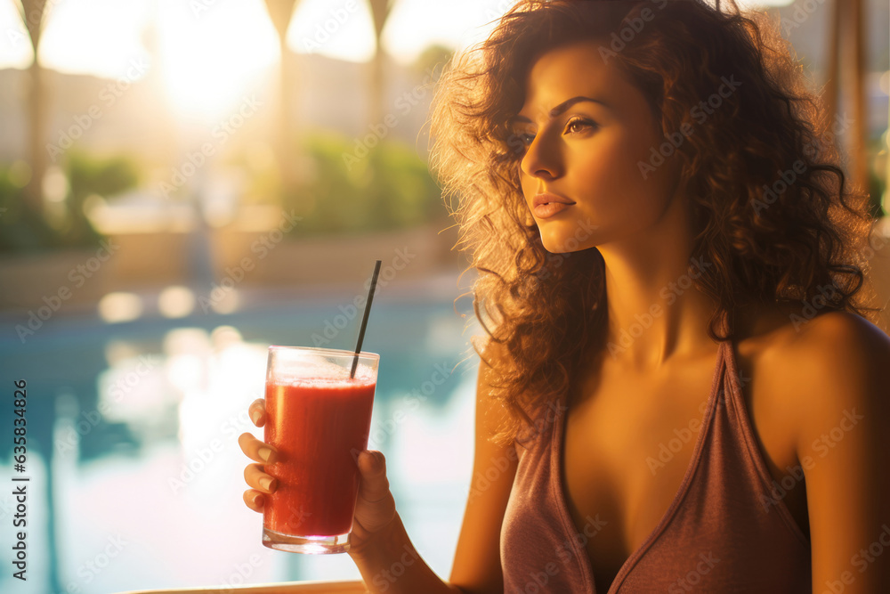 Beautiful Young European Woman Model By The Pool With Smoothie Beautiful Young European Woman Model By The Pool With Smoothie