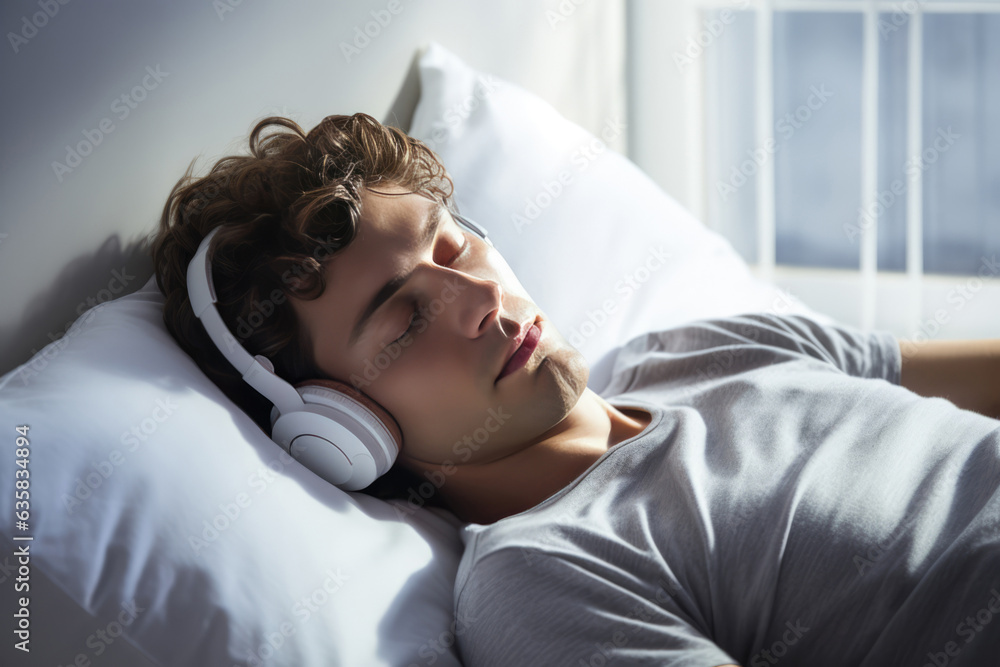 Young Man Sleeping On White Sheets Wearing Headphones Young Man Sleeping On White Sheets Wearing Headphones