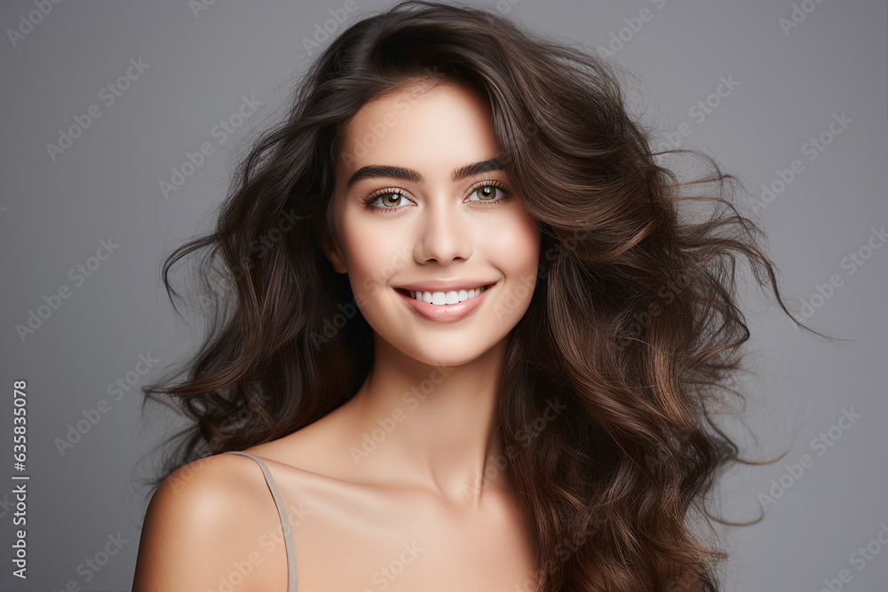 Generative AI portrait of attractive young woman fashion model demonstrating perfect hair salon care Generative AI portrait of attractive young woman fashion model demonstrating perfect hair salon care