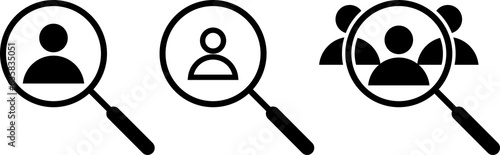 Search job vacancy icon set. Loupe magnifier looking for candidate. PNG